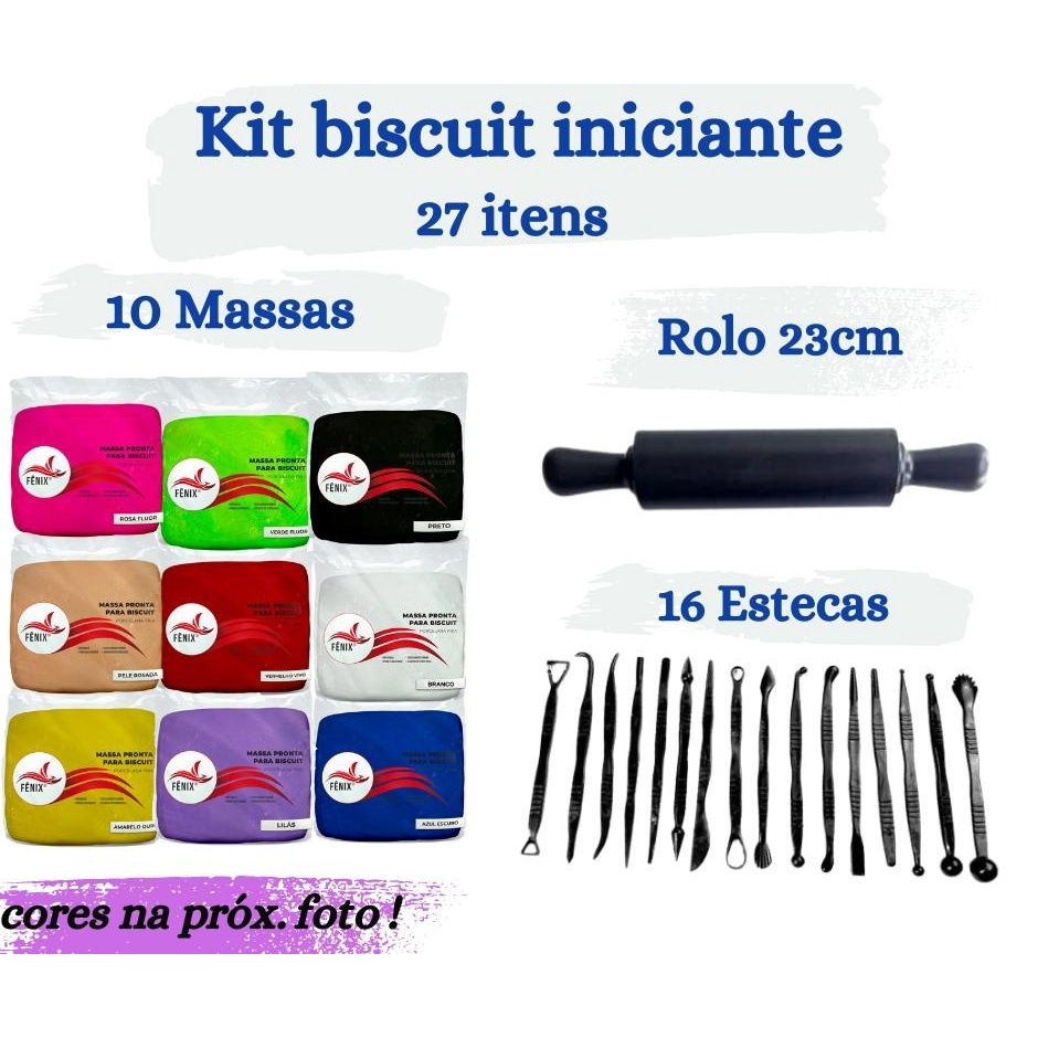 Kit Biscuit Para Iniciantes - 10 Massas + Rolo 23 Cm + 16 Estecas ( 17 Cores Disponiveis )