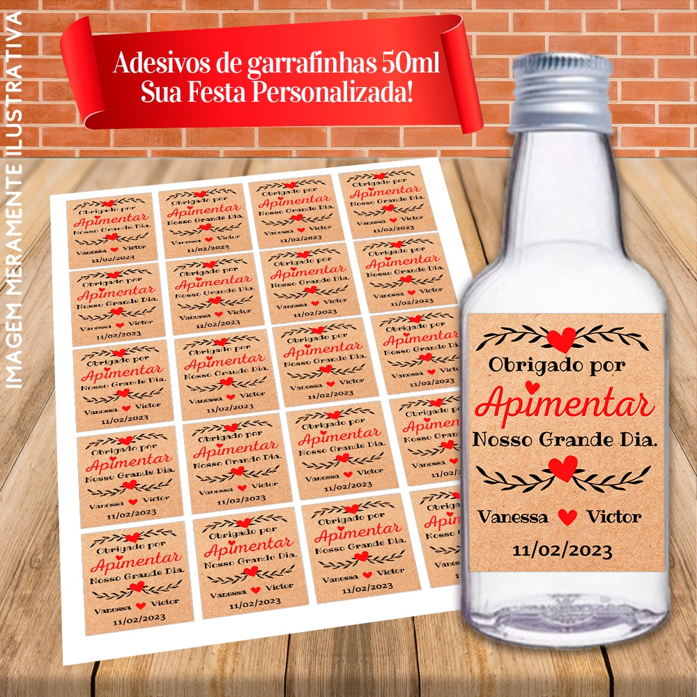 Rótulos Adesivos Personalizadas para Garrafinhas de 50ml Obrigado por Apimentar Nosso Grande Dia
