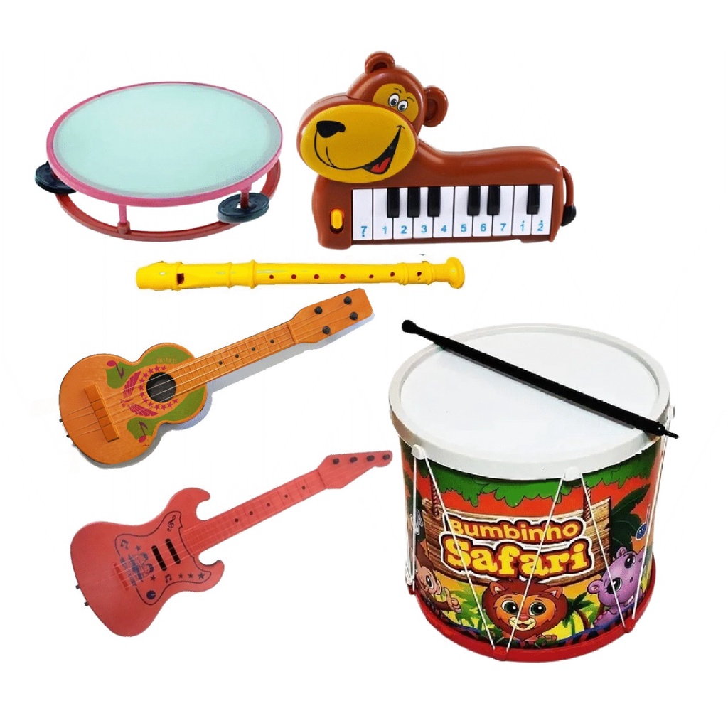 Kit 6 Instrumentos Musical Tambor Violão Guitarra Pandeiro Flauta Piano Teclado Bumbo Infantil Brinquedo Banda