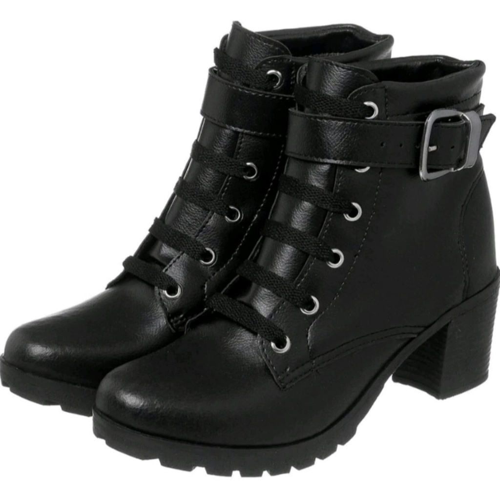 Coturno Confort Feminino Botinha Fivela Preto Sintético