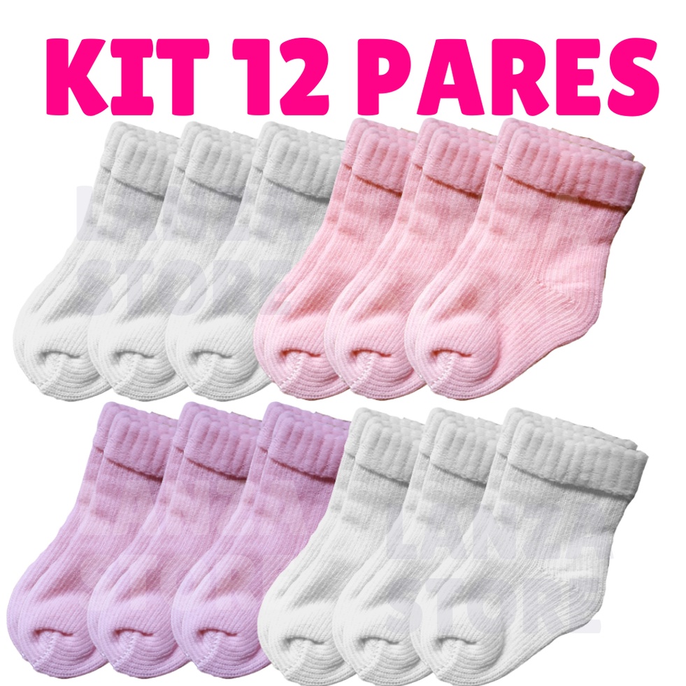 Kit 12 Pares de Meia Meias Lisa Bebê Infantil RN Recém Nascido 0 a 10 Meses Menino Menina