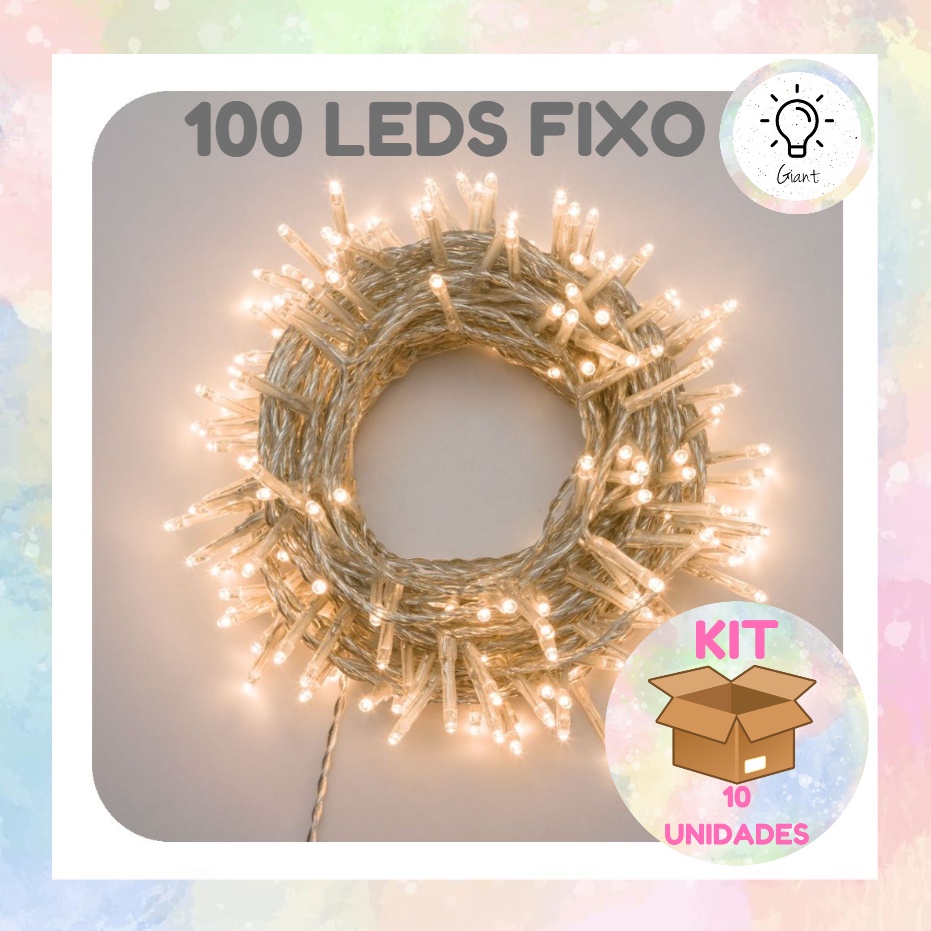 KIT 10UN - Cordão Fixo 100 Led 9,5 metros Luz Quente Amarelada Fio Transparente Para Montar Cortina e Pista Paris com Plugue De Emenda Extensor Decoração de Natal Casamento Aniversario Eventos Festa