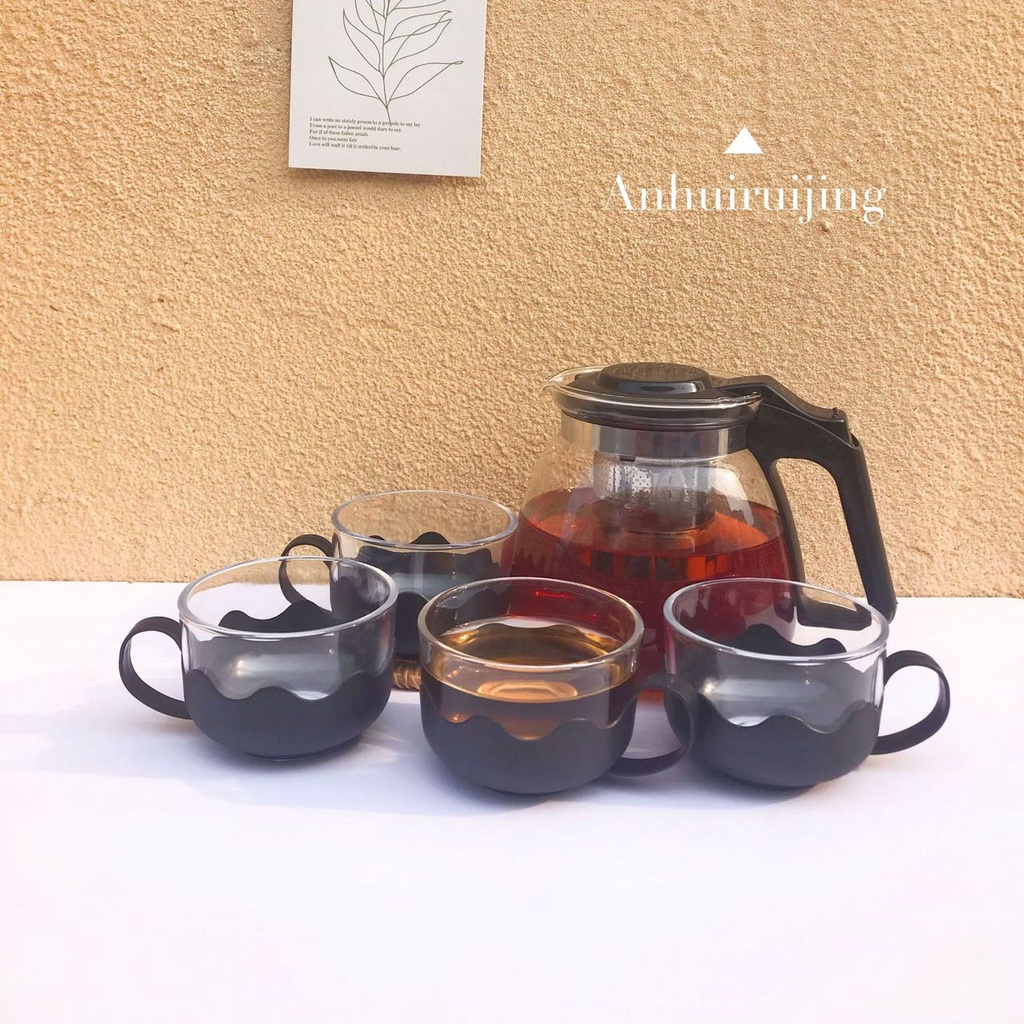 Chaleira Bule De Vidro Com Infusor 1200ml + 04 Xicaras Em Vidro 150ml Preto