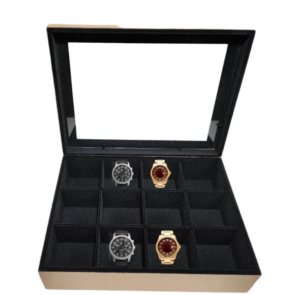 Caixa MDF flocada organizadora tampa Vidro 12 divisórias 30x23x09 cm -  porta chá, Joias, saches, porta joia, presente, lembrancinhas, relógio- MDF forrado - forrado veludo