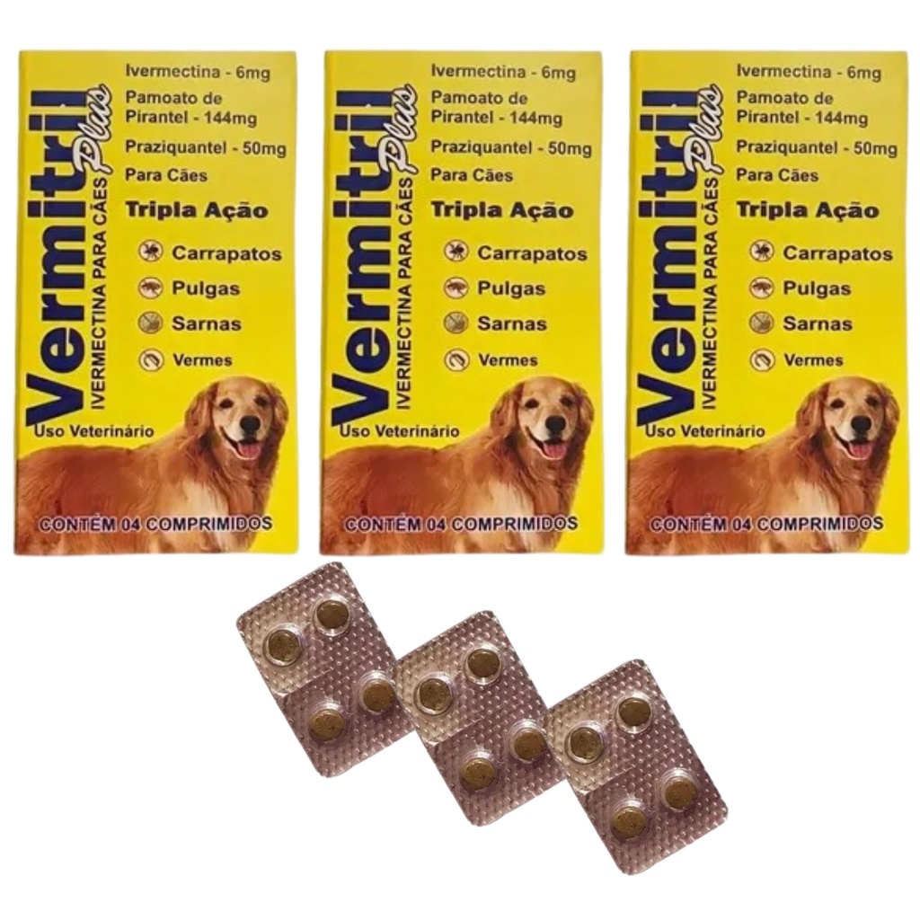 Vermitril Plus - Anti Pulgas, Carrapatos, Vermes, Sarnas 12 Comprimidos 30kg