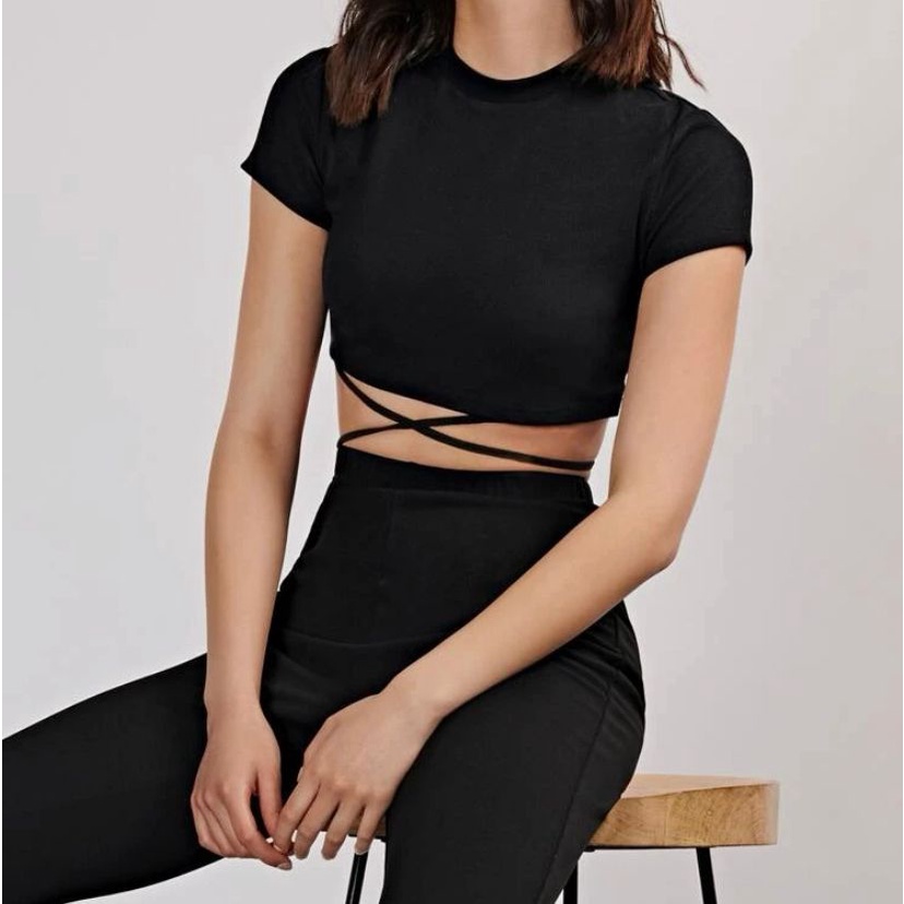 Blusa Cropped feminino manga curta trançado tecido canelado top confortável