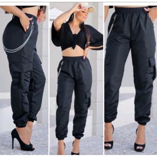 Calça Feminina Cargo Jogger Cinto Corrente Salopete Com Corrente Tactel Moda Gringa Unissex