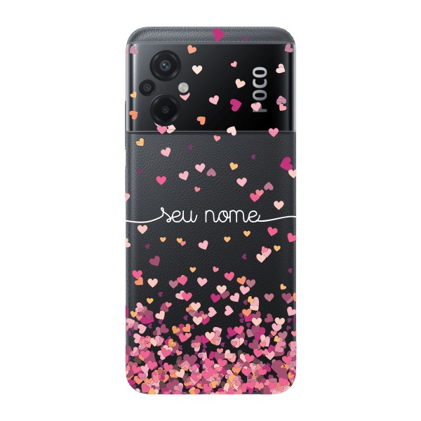 Capinha para Xiaomi Poco M5 Anti Impacto Personalizada - Chuva de corações rosa com nome