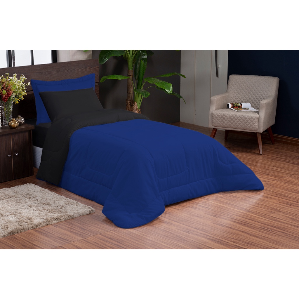 Kit Dupla Face Edredon Solteiro 04 Azul Preto