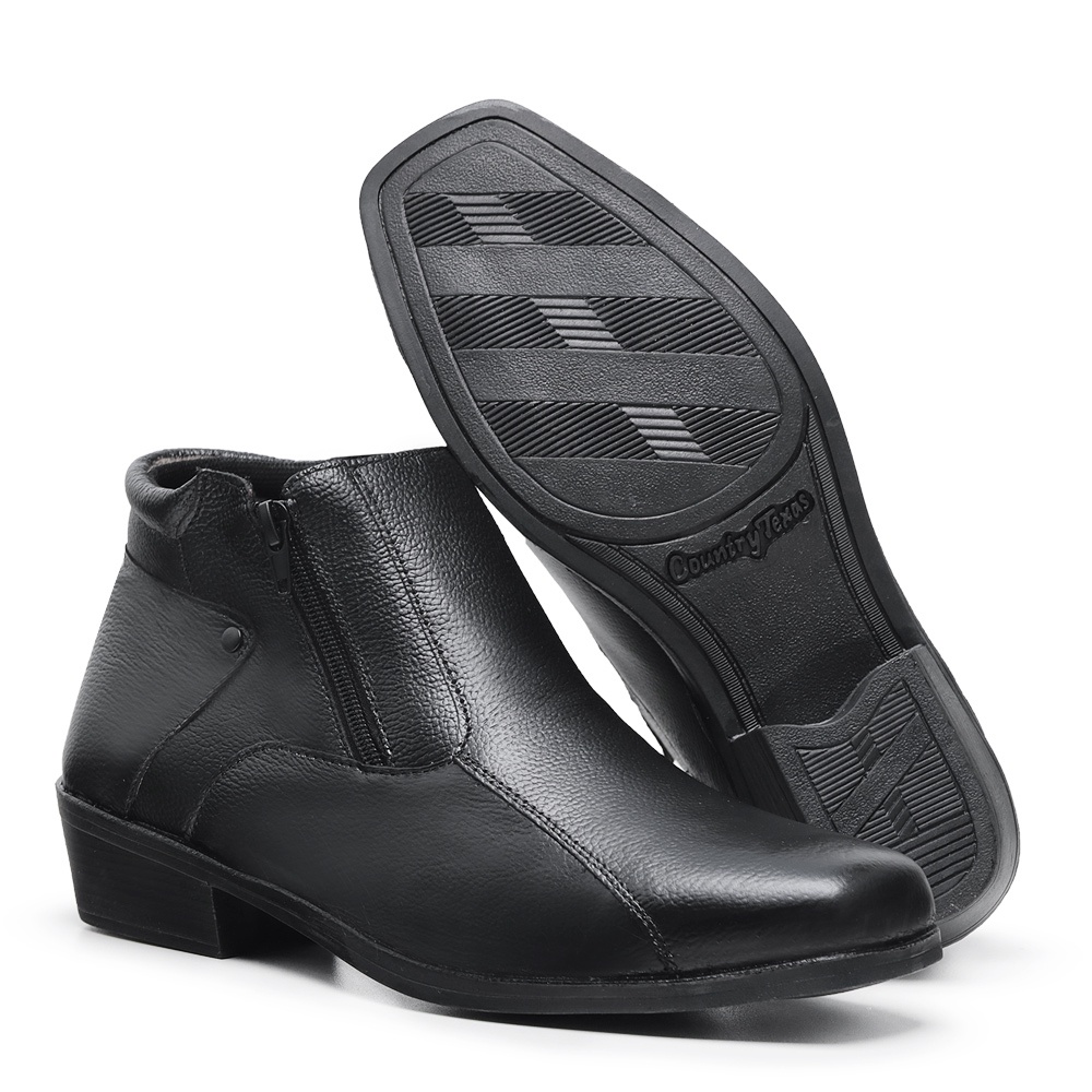 Bota Botina Country Couro 202 Preto Social Masculina Couro Legítimo Sola Borracha