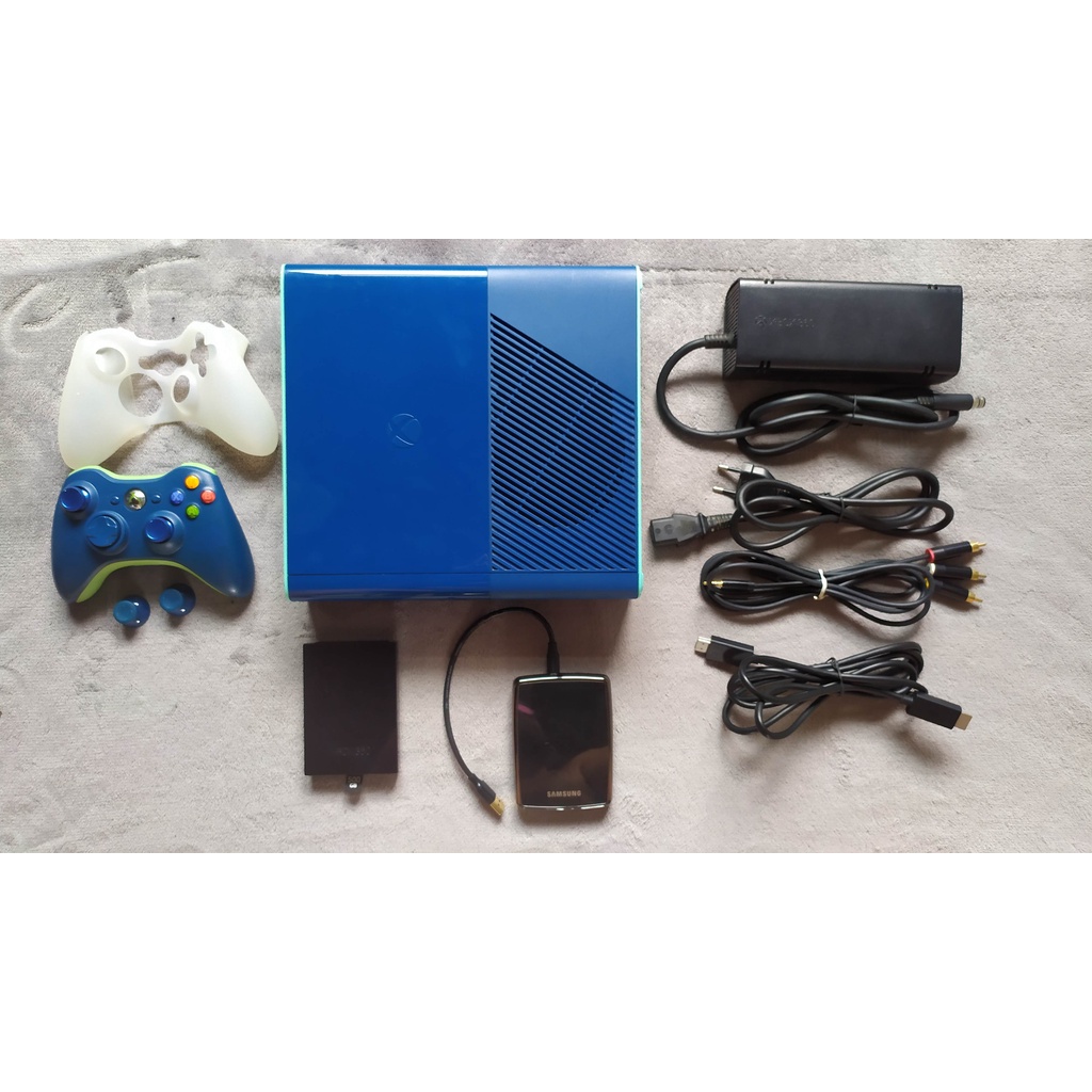 Xbox 360 Super Slim Azul, Edicao Limitada, Rgh, Controle, Fonte, Hd Interno 500gb E Externo 650gb