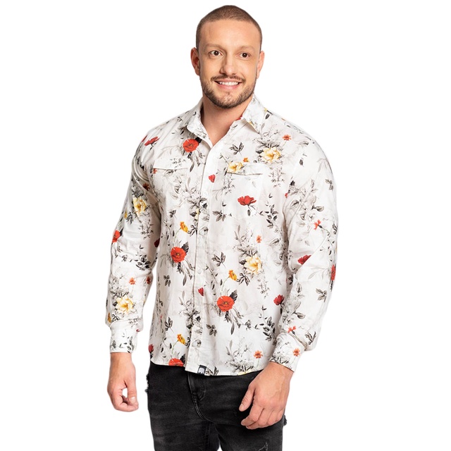 Camisa Branca Estampada Florida Social Manga Longa Floral