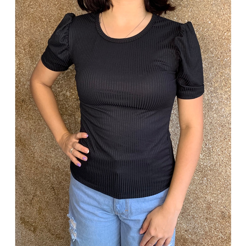 Blusa Canelada Manga Princesa Bufante Manga Curta Poá Moda Verão Gola Redonda Feminina P M G GG