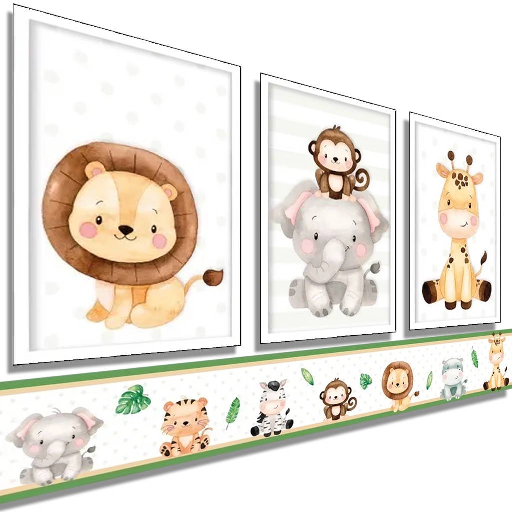 Kit infantil enxoval para seu bebê safari 3 Quadros + 1 faixa de papel de parede