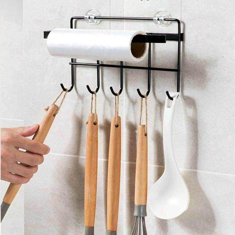 Suporte De Parede Para Utensílios De Cozinha Com C/ 5 Ganchos Em Metal e Multiuso Organizador 26X9CM