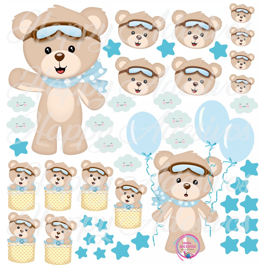 Adesivo Decoração Quarto Menino Baby Ursinho Príncipe Azul Baloeiro Balão Estrela Nuvem Coroa Urso