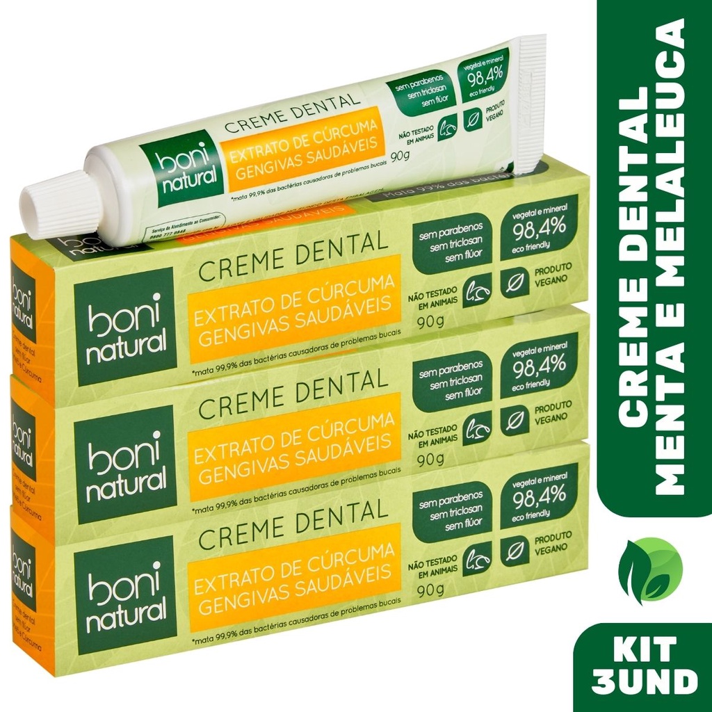 Kit 3 Creme Dental Natural Hortelã e Cúrcuma Sem Flúor 90g - Boni Natural