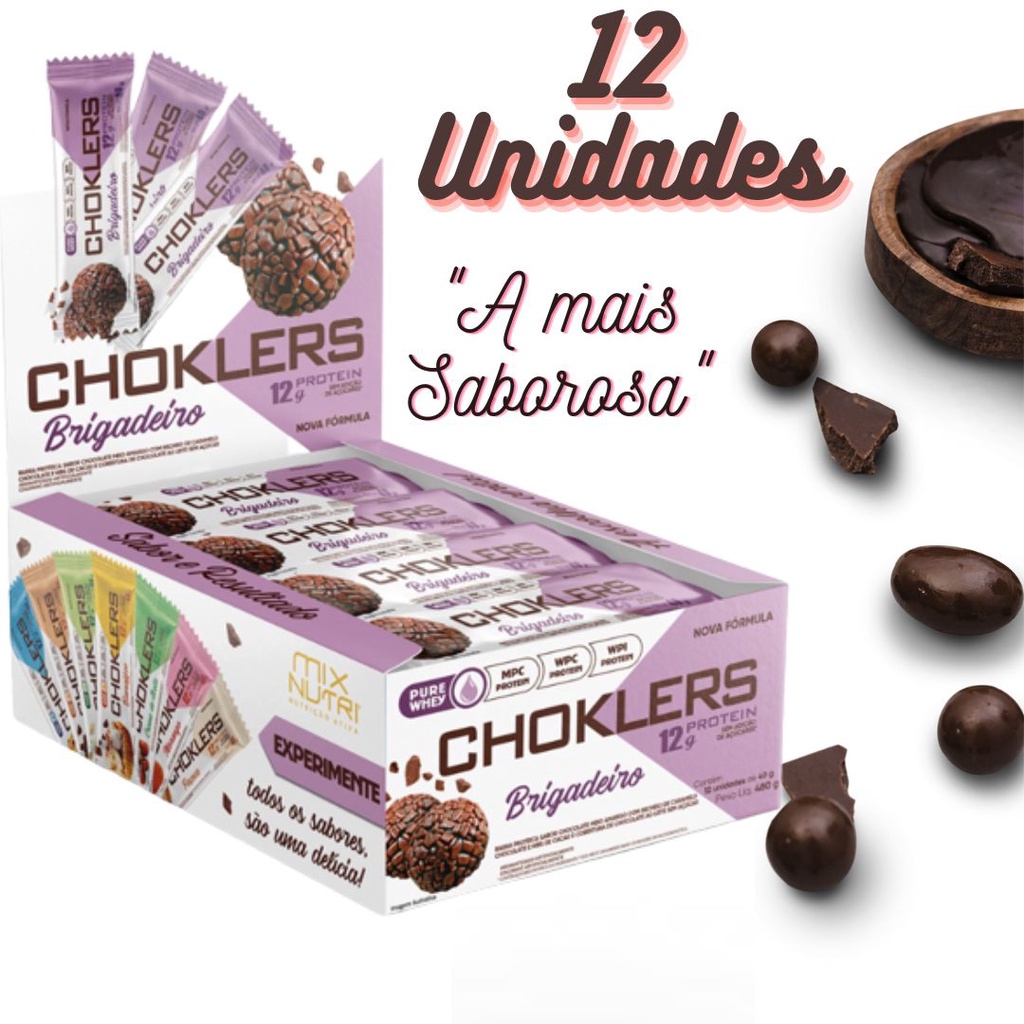 Kit 12un Barra De Proteína Choklers Suplemento Em Barra Proteica Premium Brigadeiro Com Nibs De Cacau 100% Whey 40g