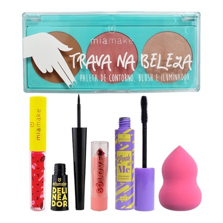 Kit De Maquiagem Paleta De Contorno Batom Esponja Rímel