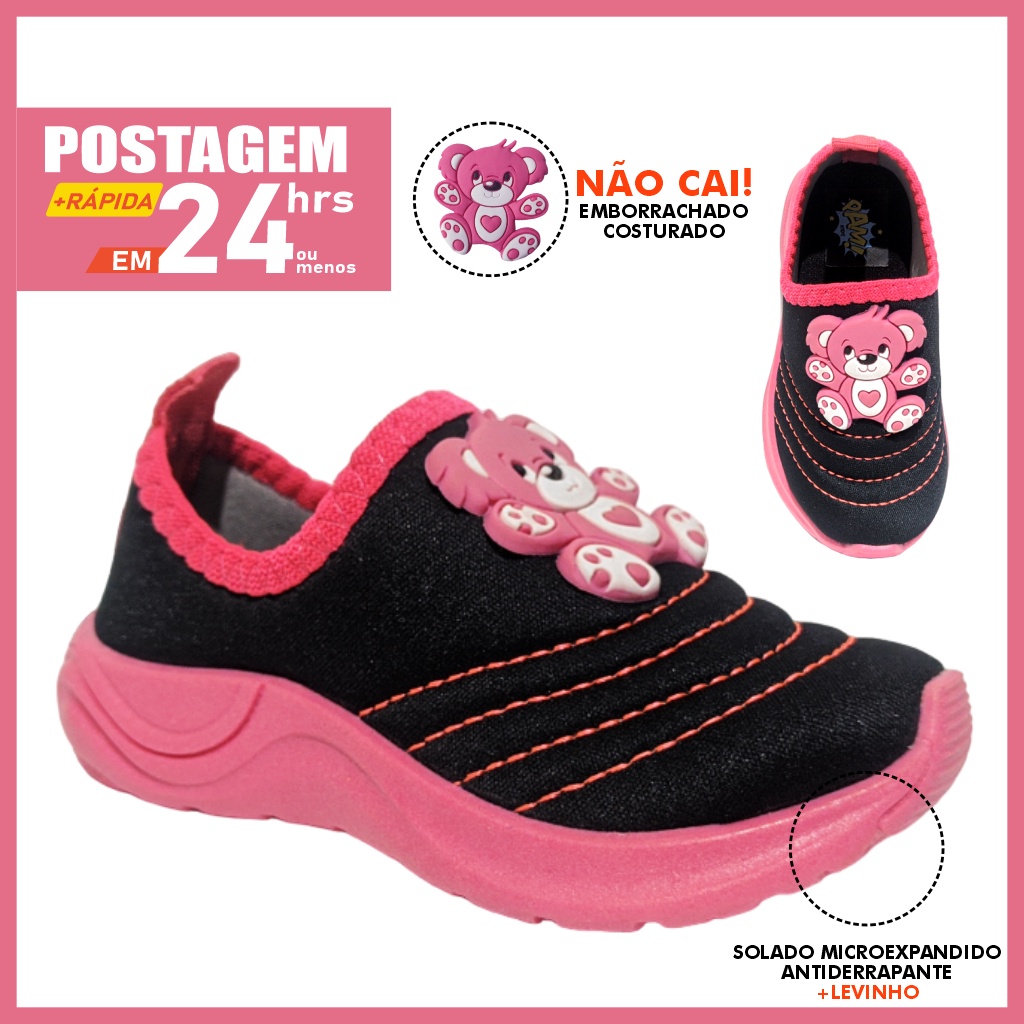 Tênis de Menina sem cadarço Calce fácil Ursinho bichinhos pink/rosa em Oferta na Shopee