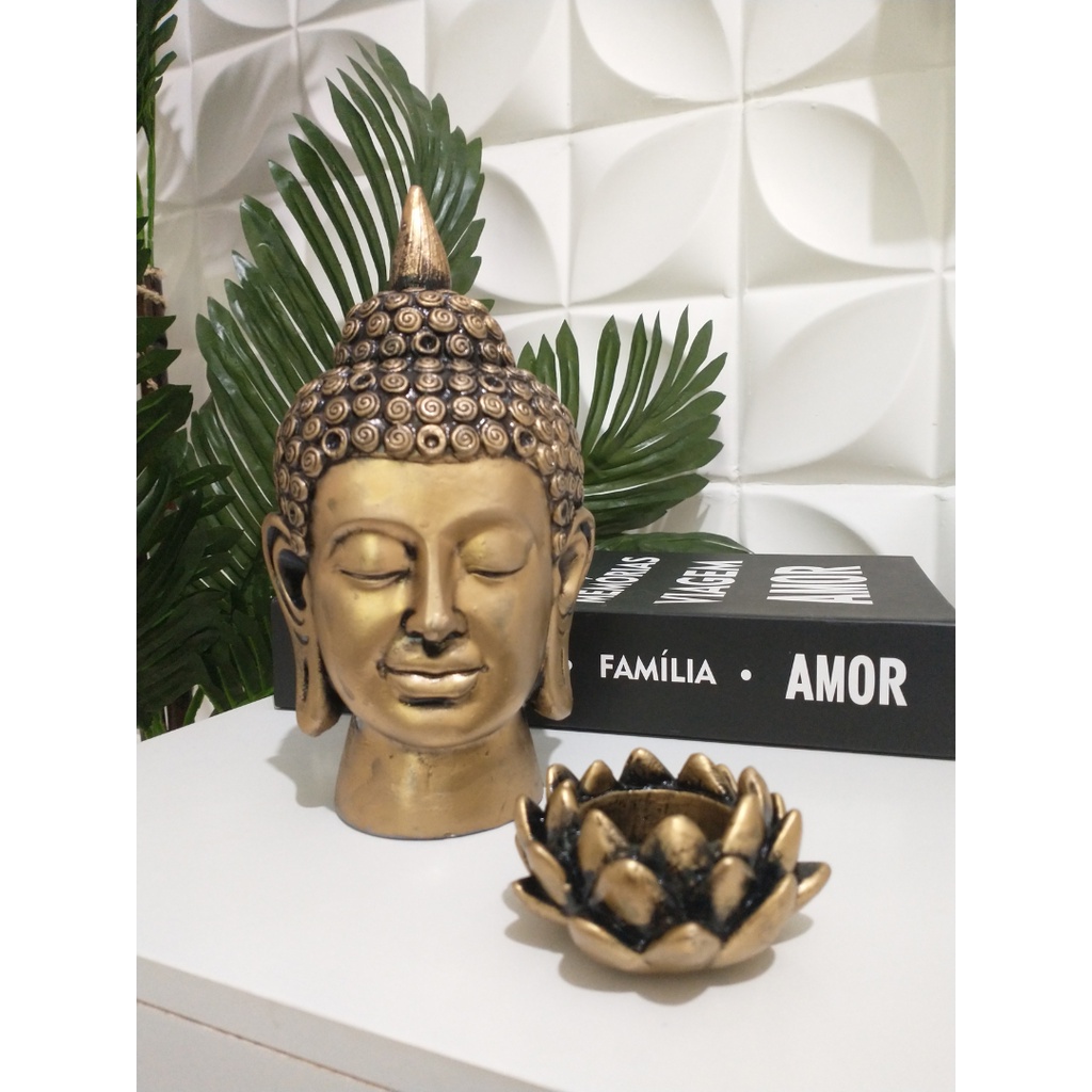 Imagem Kit Estátua Busto De Buda Hindu + Flor De Lotus Dourado Prata