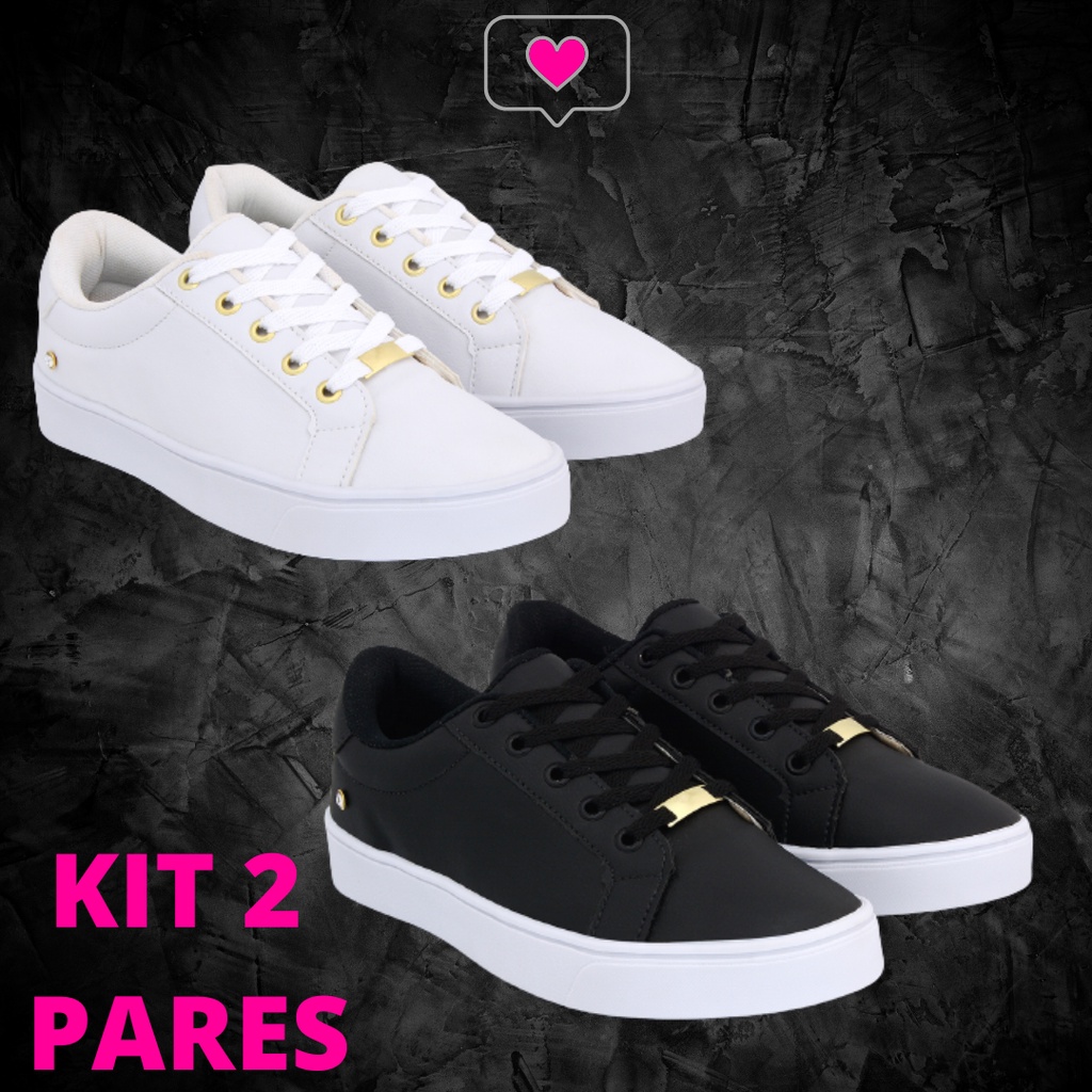 Tênis Feminino Sapatenis Casual Branco Preto 2 Pares