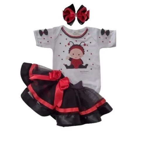 Roupa Joaninha Para Bebê Menina Mesversário Conjunto Temático Aniversário Saia + Body Laço