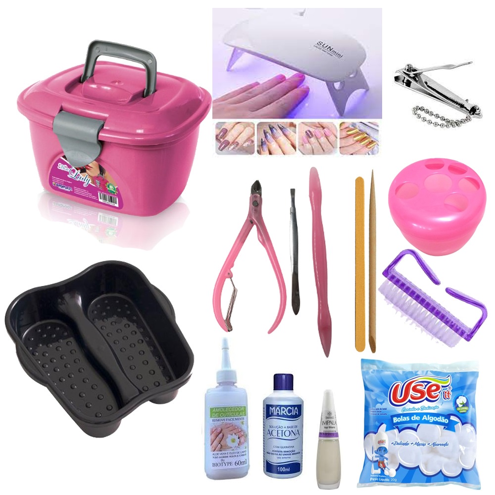 KIT 19 em 1 Manicure Completo Mini Maleta Lady box Rosa mini máquina de secador de unhas portátil 6 led uv