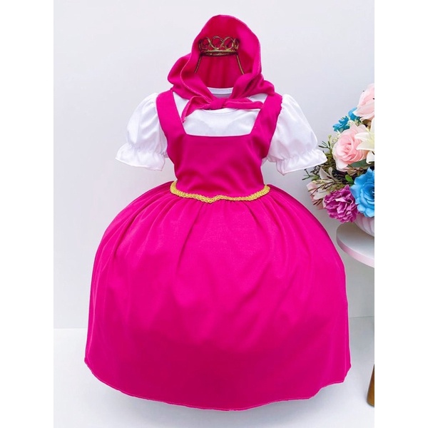 Vestido Fantasia Infantil Masha e o Urso Acompanha Lenço 1 a 8 anos