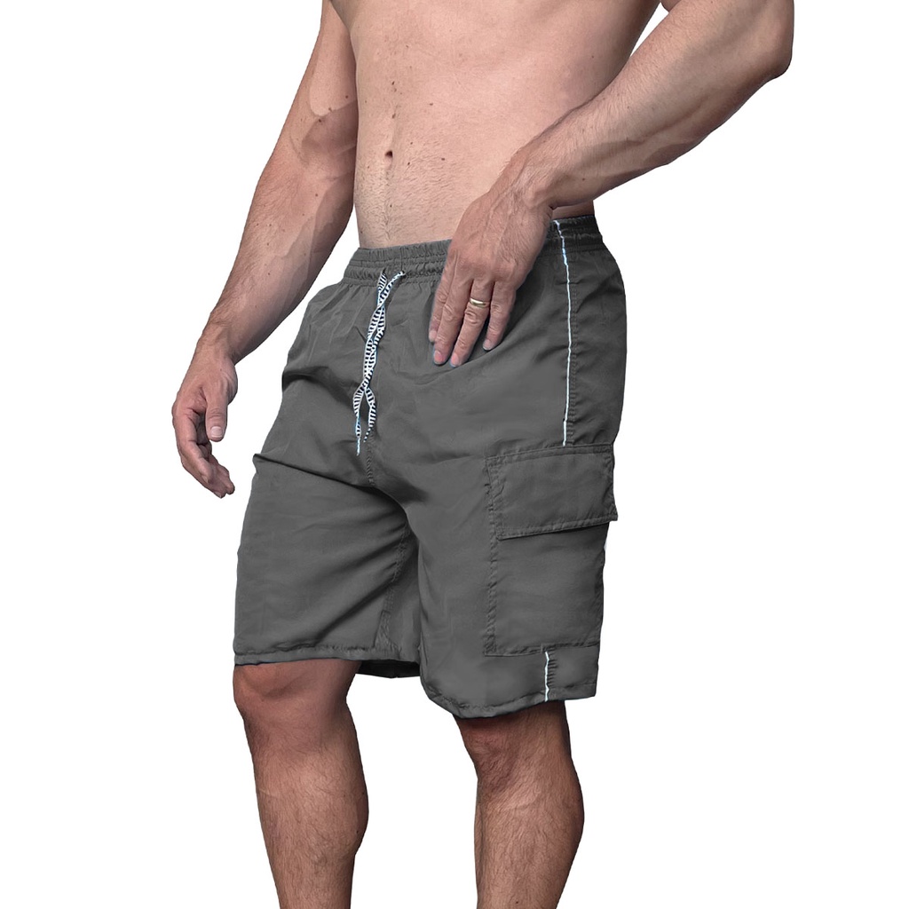Bermuda Tactel Masculina Cargo Academia Caminhada Musculação 3 Bolsos