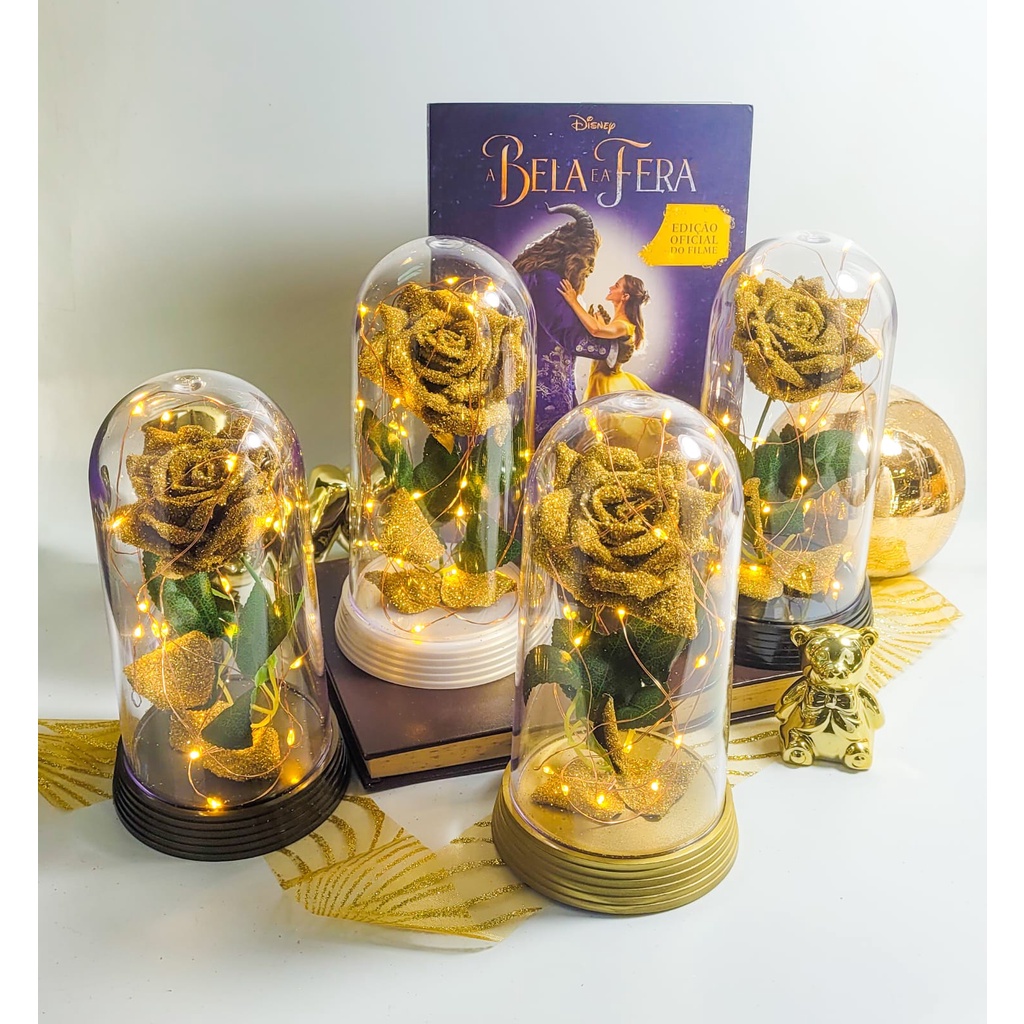Luminária A Rosa Encantada Brilhante Glamour Dourado A Bela E A Fera 20 Cm