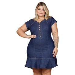 Vestido Jeans Plus Size com Lycra Evangélico Feminino Peplum Coladinho Balada Moda Maior