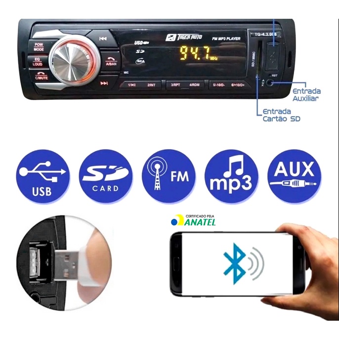 RADIO AUTOMOTIVO COM BLUETOOTH, MP3 / FM, ENTRADA USB E AUXILIAR P2, 2 SAIDAS RCA, EQUALIZADOR PROGAMADO, CONTROLE REMOTO VIA APLICATIVO, POTENCIA 25WX4 RMS (4 OHMS) 12V TIGER AUTO TG43008