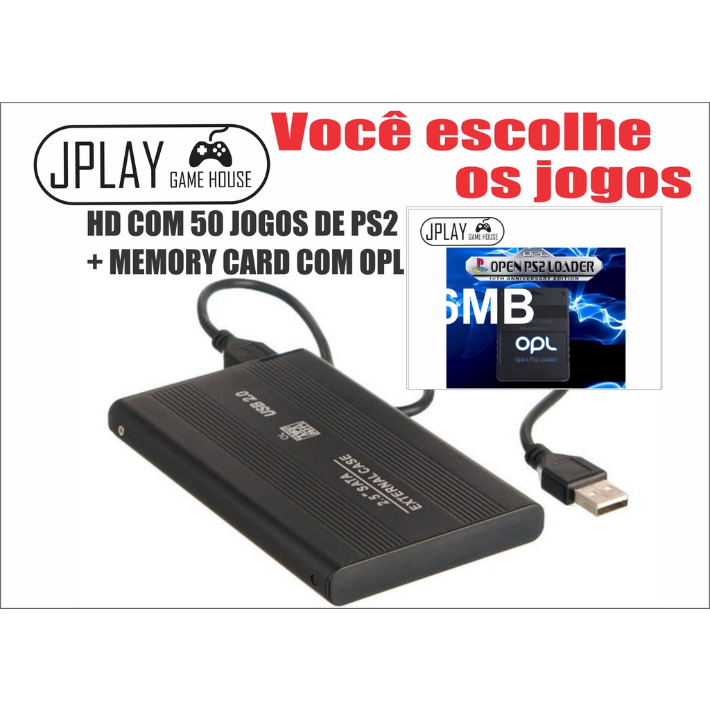 Kit Para Play 2 HD Externo 500GB + Memory Card com OPL