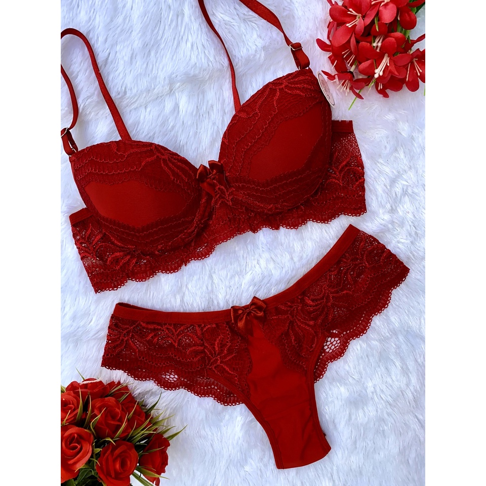 Conjunto com Bojo Sutiã Calcinha Lingerie Fio Dental Sensual Renda Bella