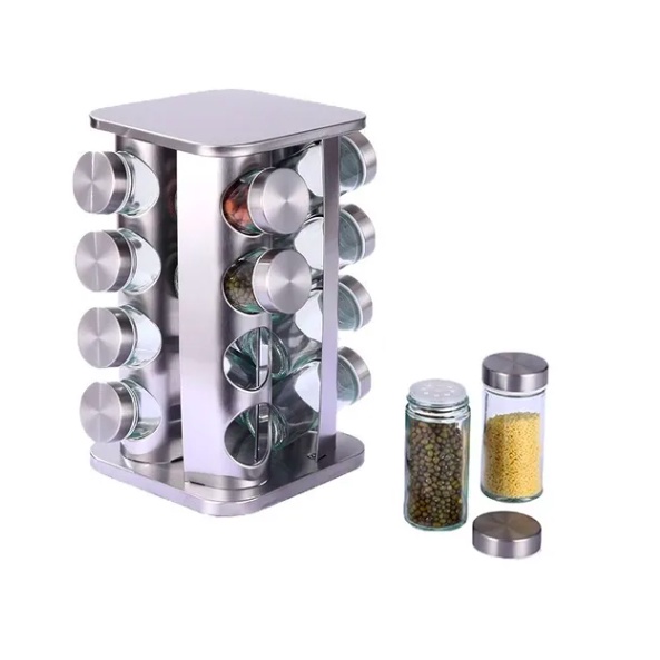 Porta Tempero 16 Potes QD Condimento Inox  + Suporte Giratório cozinha Decoração