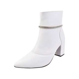 Sapato Bota da Moda Feminina Enfeite Brilho Removível Bico Fino Salto Grosso Zíper Tendência Outono/Inverno