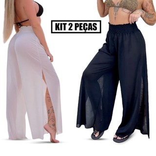 Kit 2 Saída de Praia Calça Pantalona Luna com Fenda Lateral Feminina Moda Verão