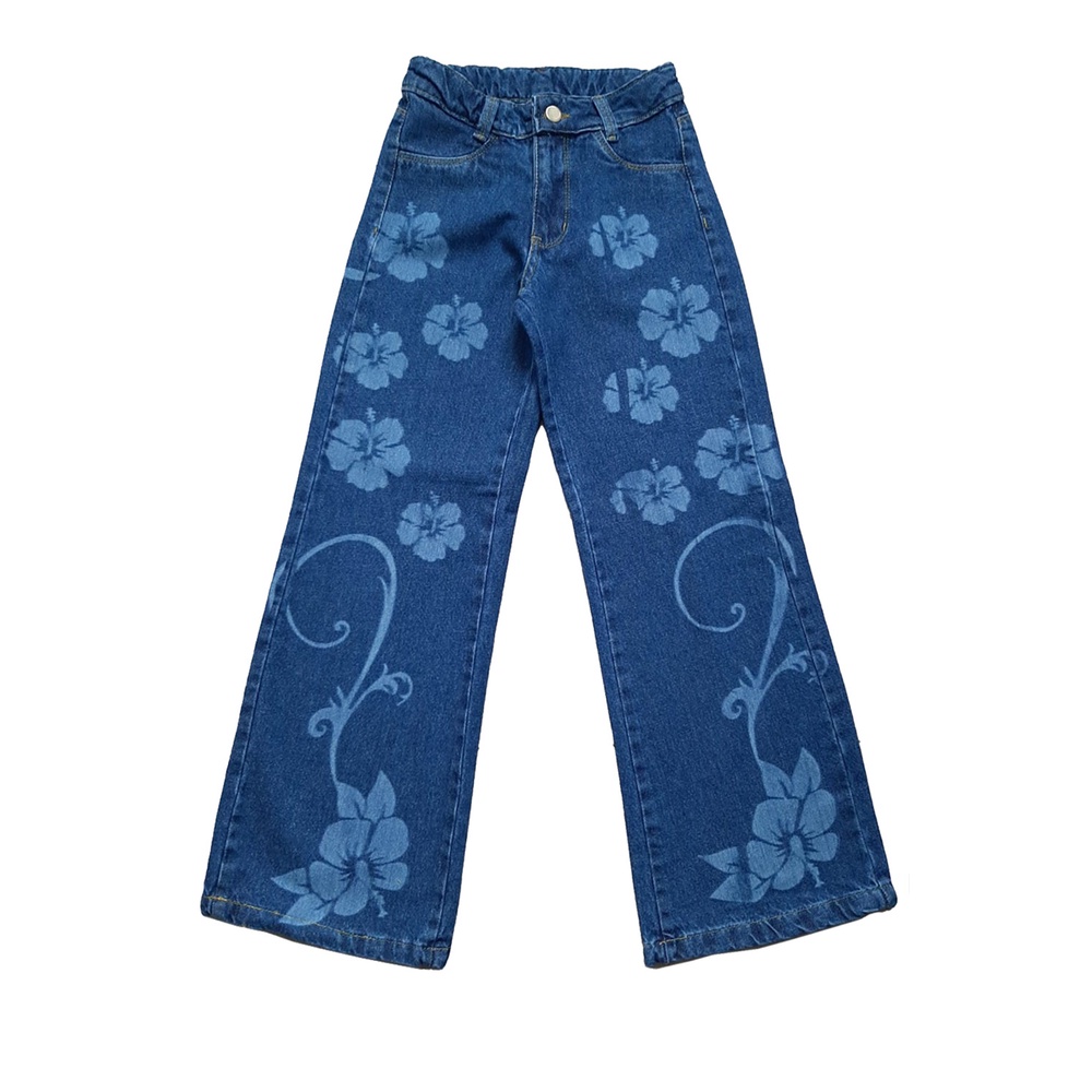 Calça Jeans Feminina Pantalona Frente Floral Laser Meninas Juvenil (R6225)