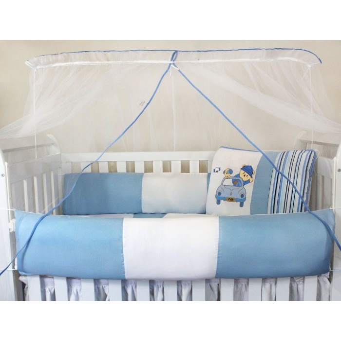 Kit Protetor de Berço Kids com Mosquiteiro Comum 7 peças Carro Azul