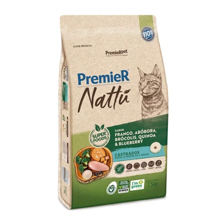 Ração Premier Nattu para Gatos Adultos Castrados Sabor Abóbora 7,5kg