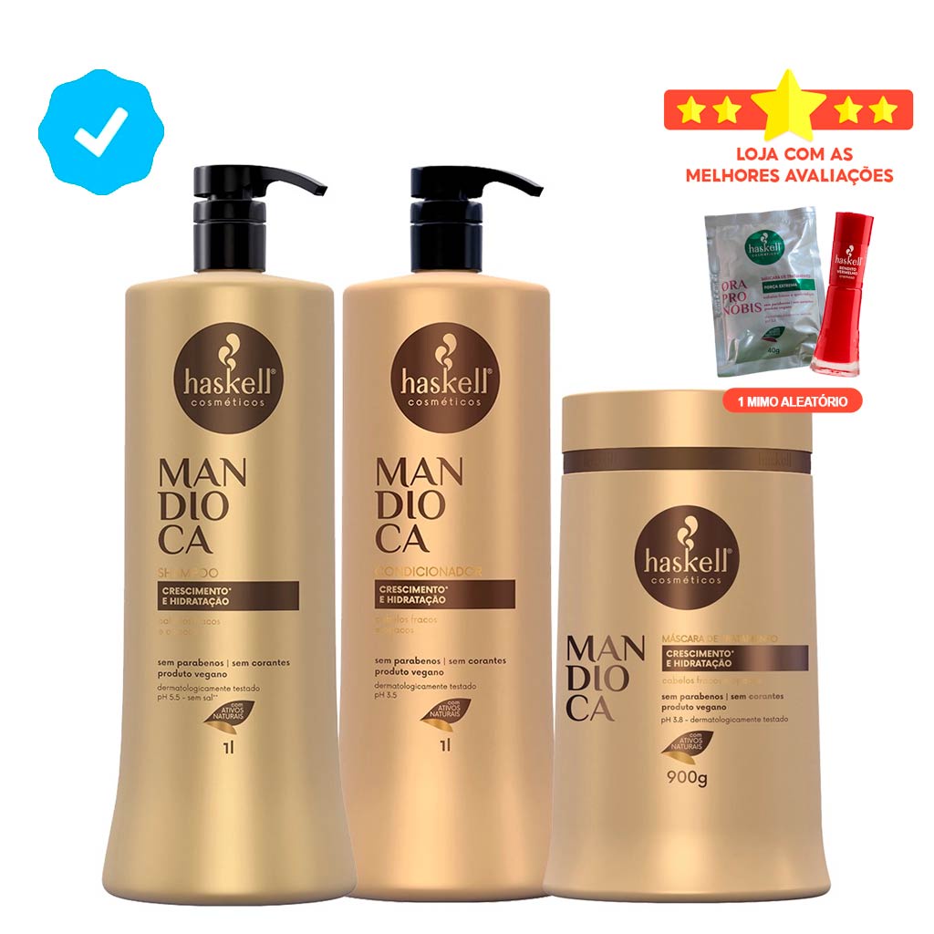 Kit Haskell Mandioca Shampoo Condicionador 1 Litro e Masc 900g