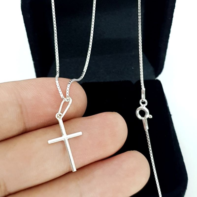 Corrente cordão veneziana 70cm + pingente cruz palito prata 925 legítima em Oferta na Shopee