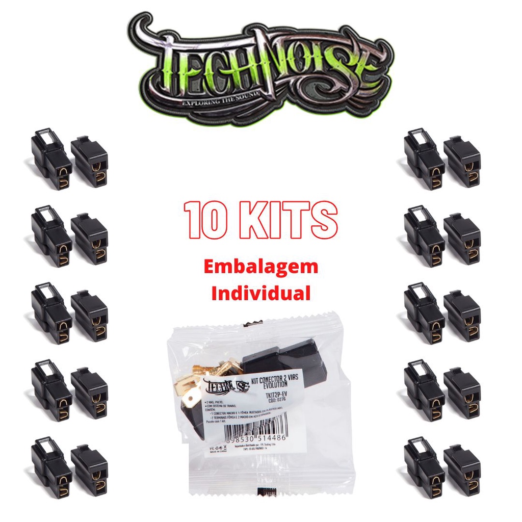 Kit com 10 Conector 2 Vias com Trava com Terminais Macho e Fêmea Som Automotivo TECHNOISE - 10 PEÇAS