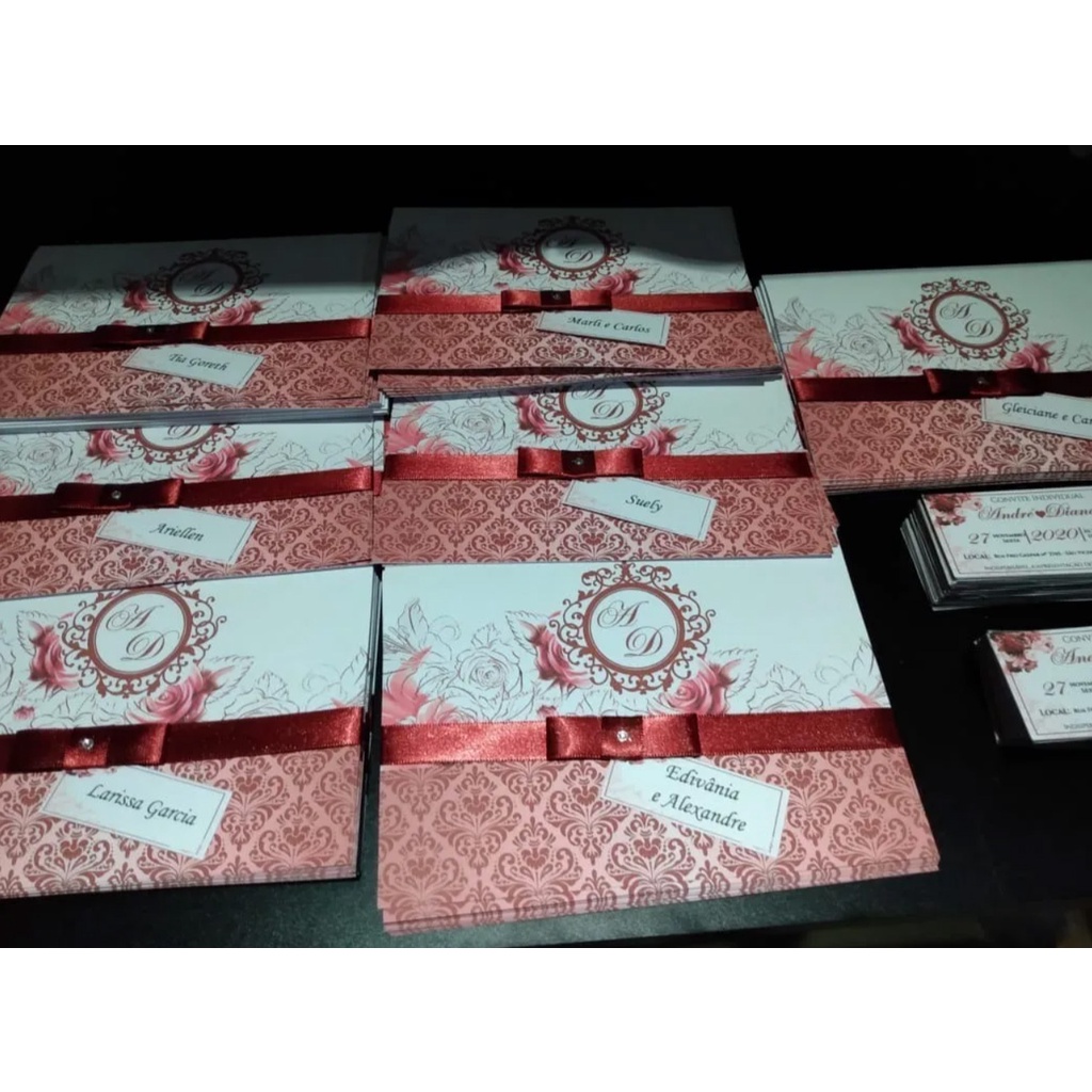 Convite De Casamento,15 Anos Debutante 70 Unidades com fita cetim e laço Chanel + 140 individuais  +70 tags em Oferta na Shopee