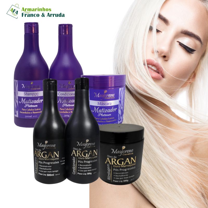 Kit Pós Progressiva Óleo de Argan Branco + Kit Matizador Platinum Loiro  6 Produtos - Maycrene