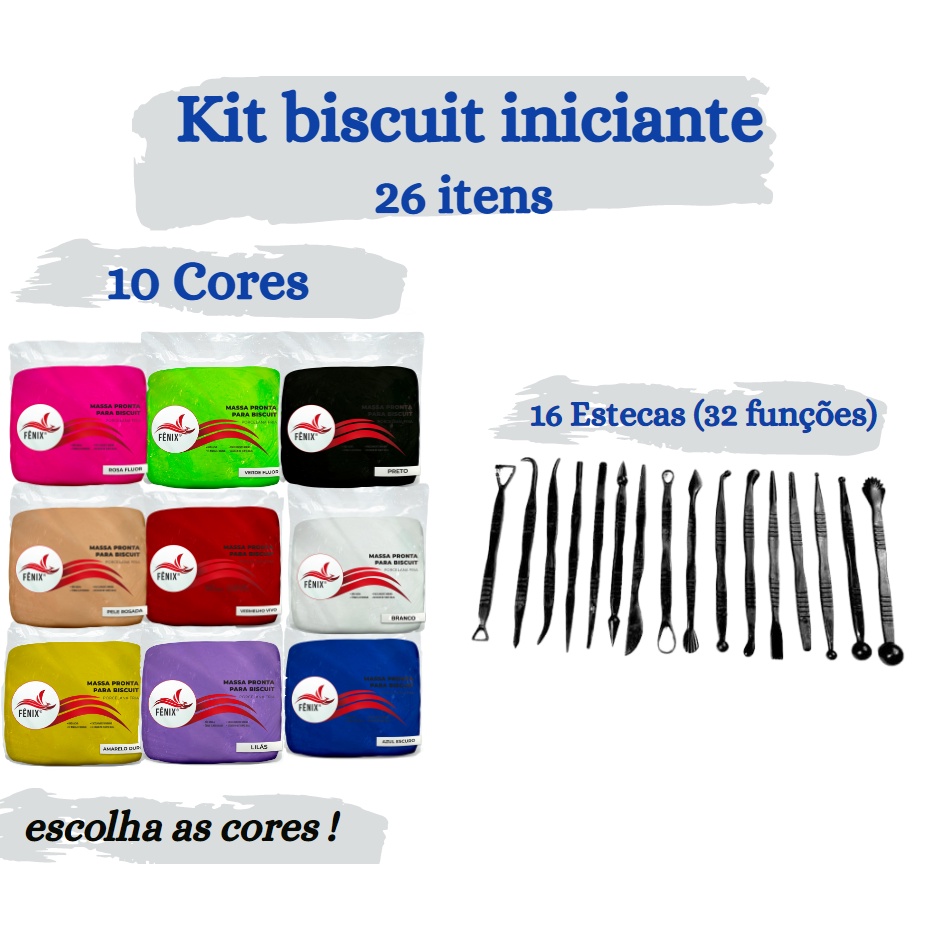 Kit Iniciante Biscuit - 10 Massas + 16 Estecas - Oferta Escolha as cores em Oferta na Shopee
