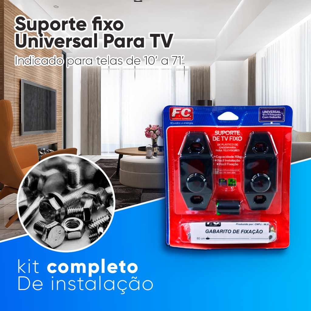 Suporte para Televisão/Monitor Universal Fixo LED LCD Plasma 10 24 32 43 50 55 até 71’’ Polegadas para Parede ou Painel FC