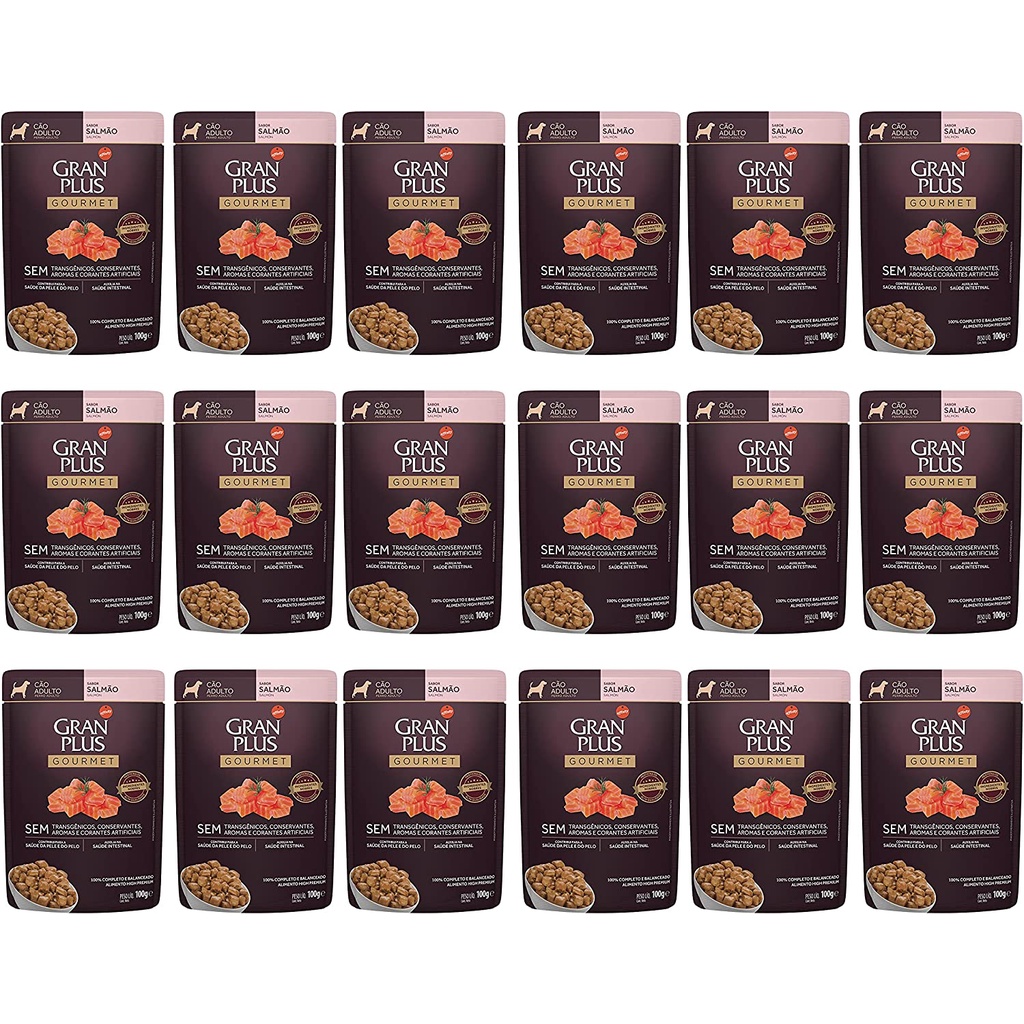 Caixa 18un Ração Úmida Sachê GranPlus Gourmet Cães Adultos Salmão 100g