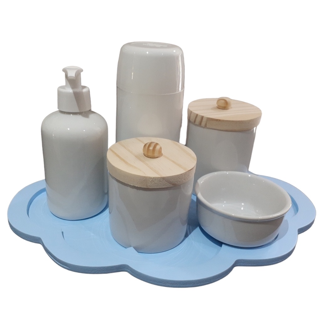 Kit Higiene Bebê Porcelana Menino Maternidade Potes Garrafinha bandeja nuvem azul maternidade menino porta algodão cotonete